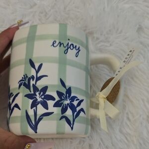 NWT Rae Dunn Plaid and Floral Mug - Green and Blue